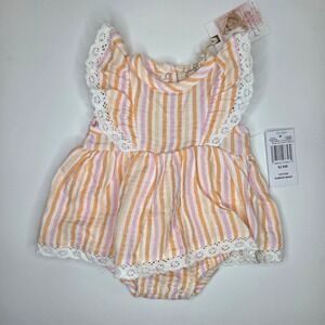 Jessica Simpson Baby Girls Orange Pink Stripe Lace Trim Romper Dress 0-3M NWT